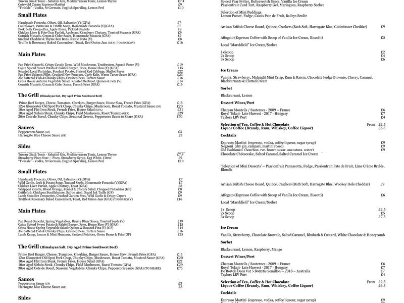 Cross House, Doynton Menu