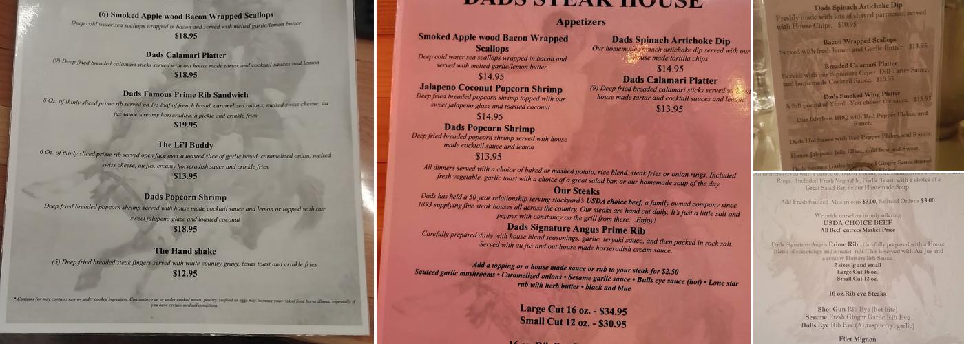 Dad's Bar & Steakhouse Menu