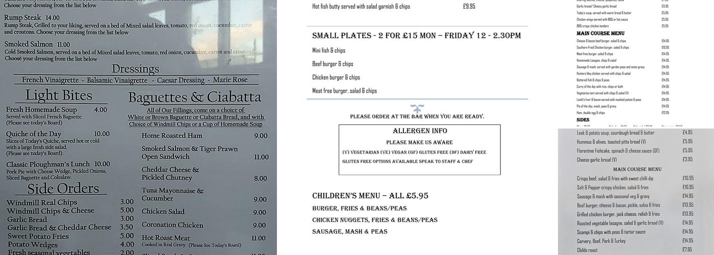 The Windmill, Tabley Menu