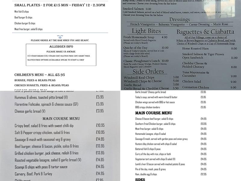 The Windmill, Tabley Menu