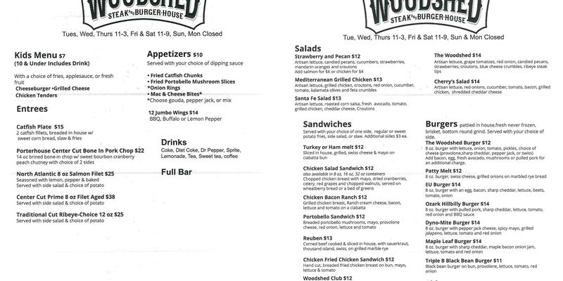 Cherry's Art Emporium and The Woodshed Menu