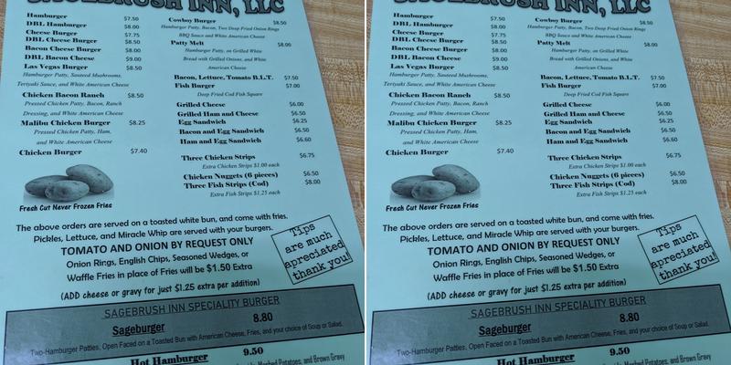 Sage Brush Inn Cafe Menu