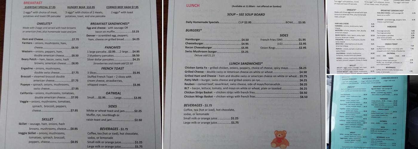 Beary Patch Restaurant Menu