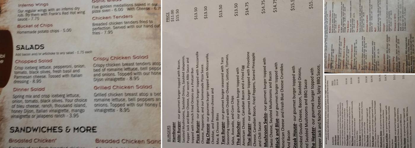 Alibi Lounge Menu