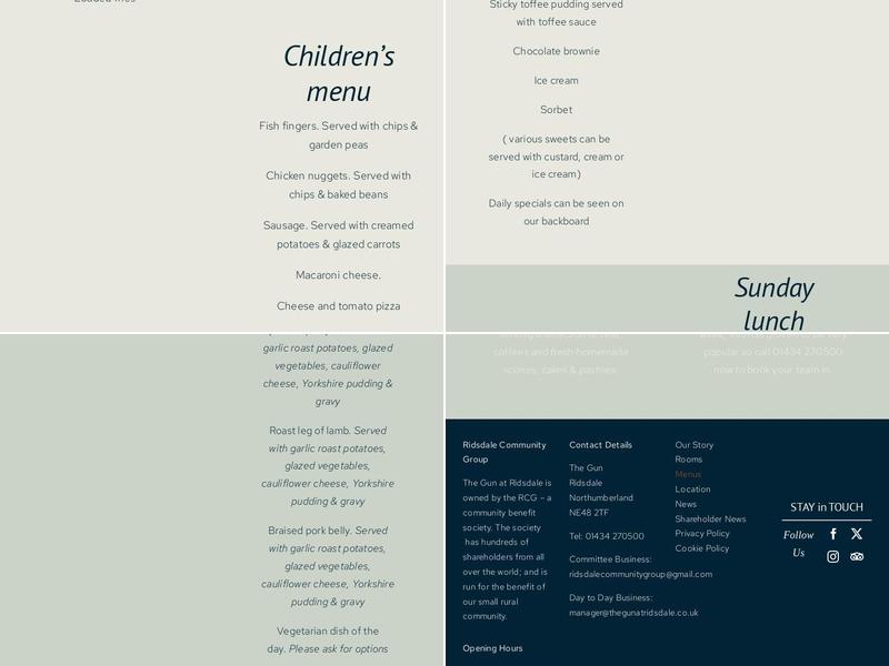 The Gun at Ridsdale Menu