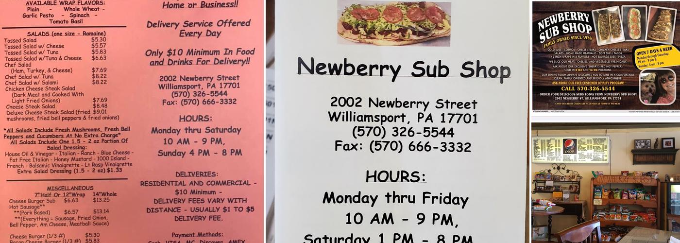 Newberry Sub Shop Menu