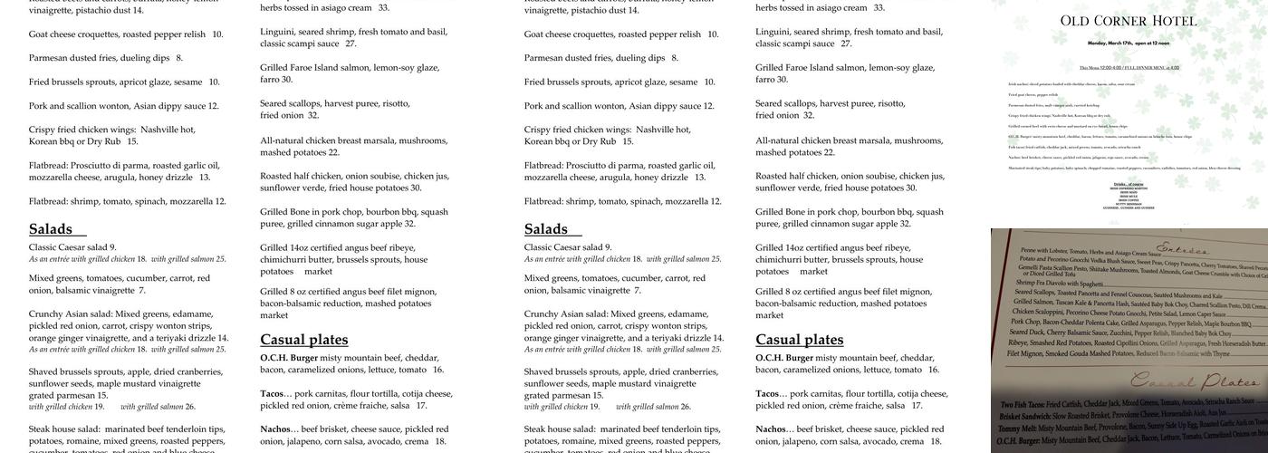 Old Corner Hotel Menu