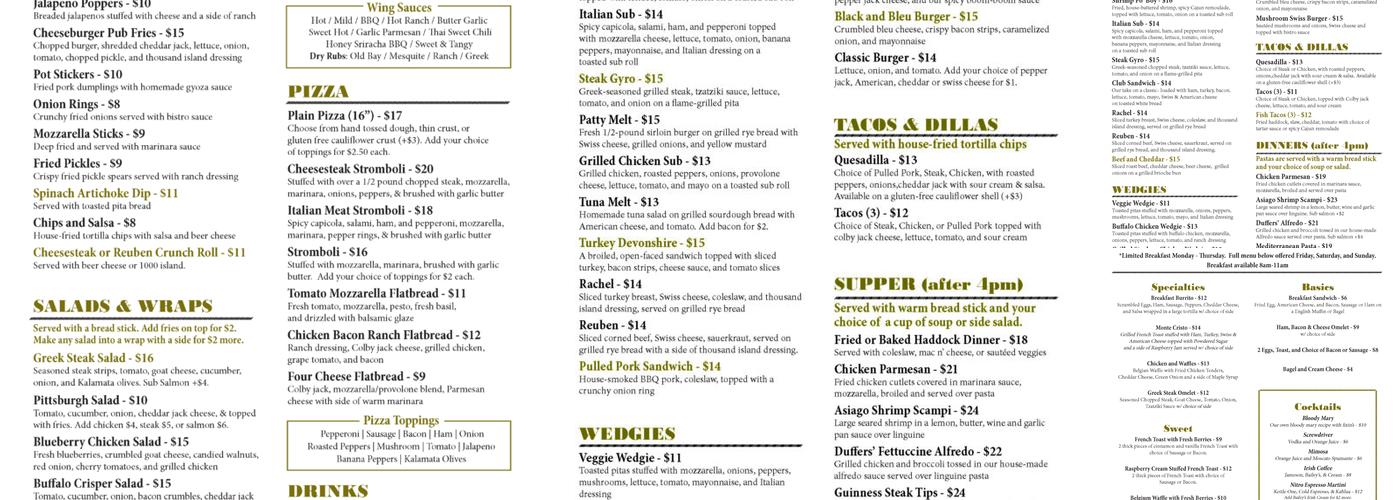 Duffer's Tavern Menu