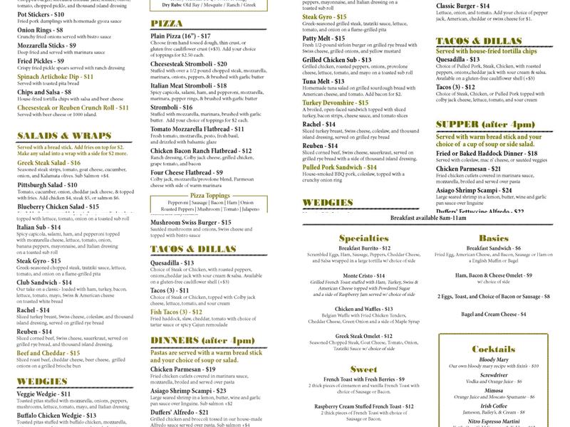 Duffer's Tavern Menu