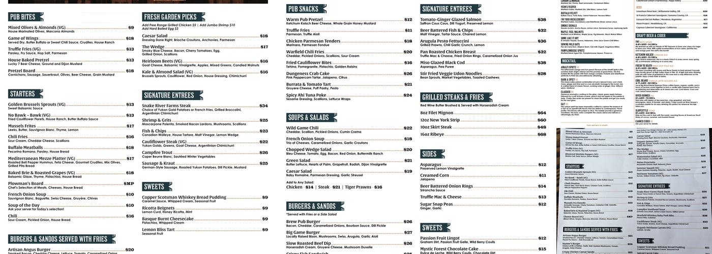 Warfield Distillery & Brewery Menu