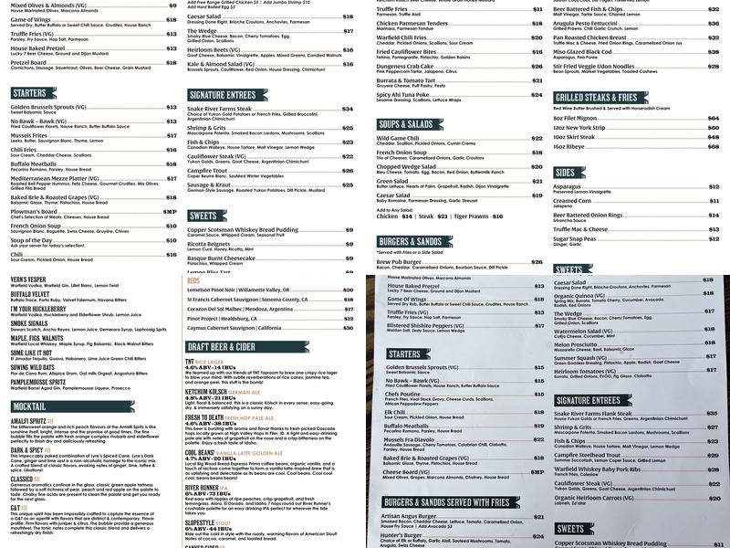 Warfield Distillery & Brewery Menu