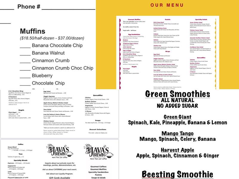 Java's Brewin' Menu