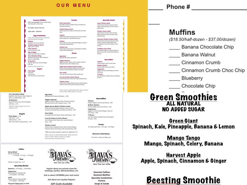 Java's Brewin' Menu