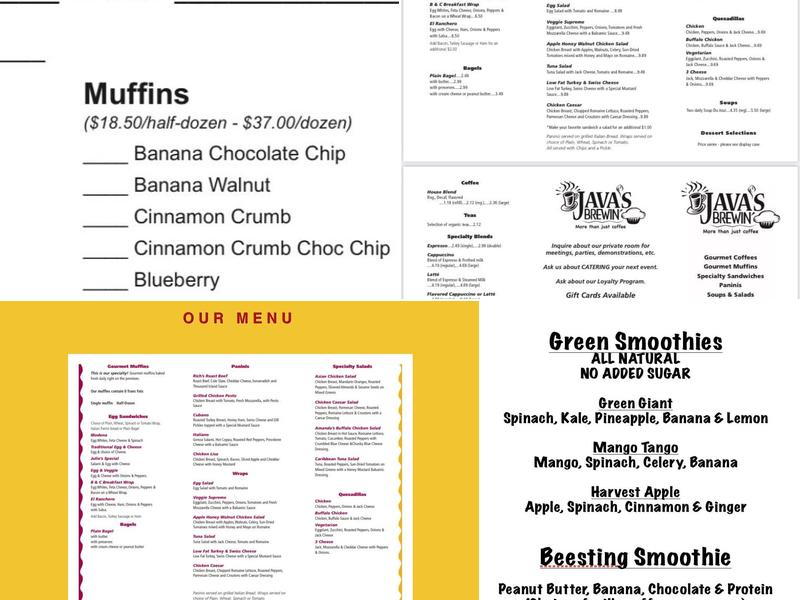 Java's Brewin' Menu