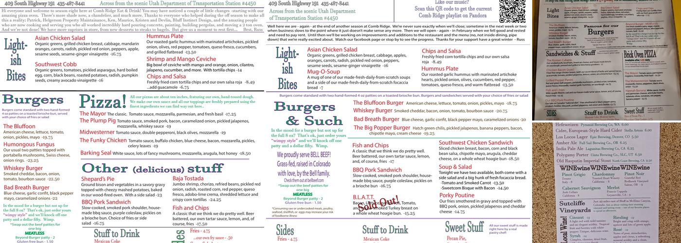 Comb Ridge Eat and Drink Menu