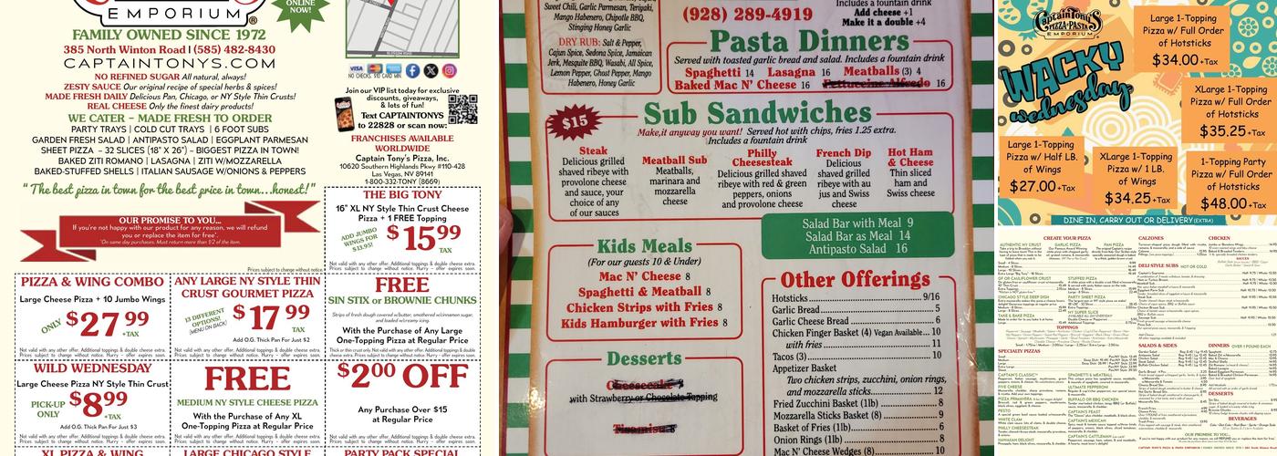 Captain Tony's Pizza Menu