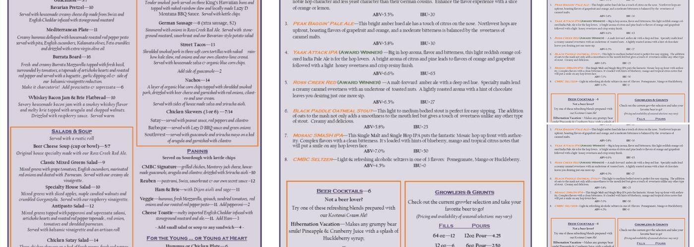 Cabinet Mountain Brewing Company Menu