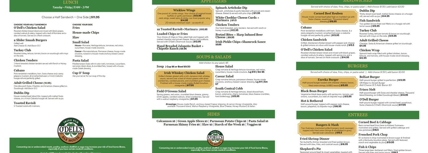 O'Dell's Irish Pub & Ale House Menu