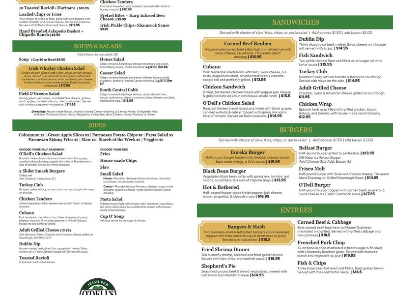 O'Dell's Irish Pub & Ale House Menu