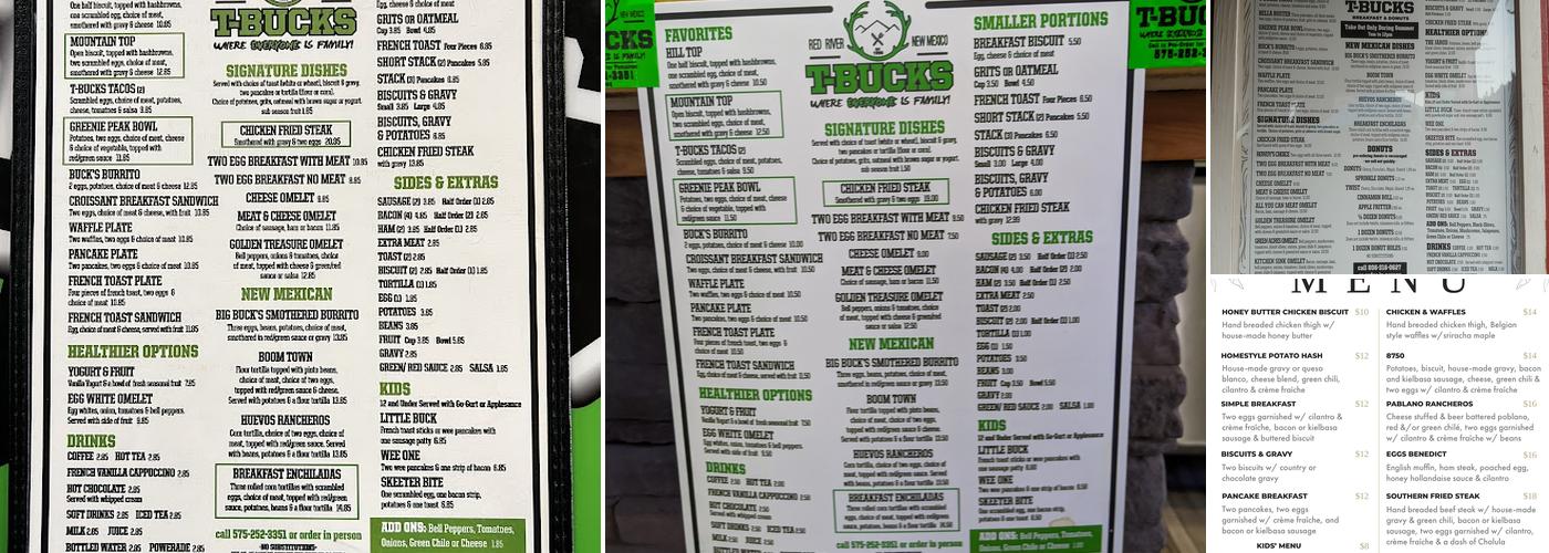 T Bucks Red River Menu
