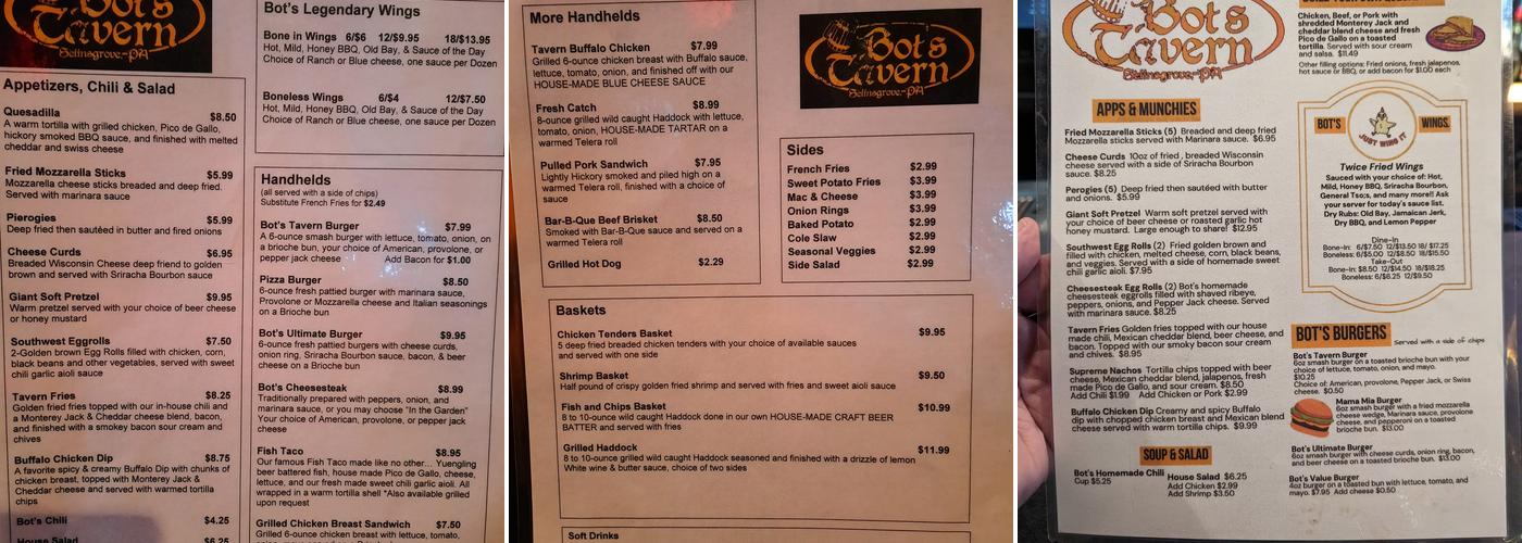 Bot's Tavern Menu