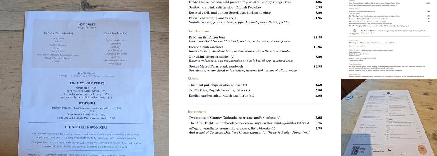 The Crown Inn, Tolldown Menu