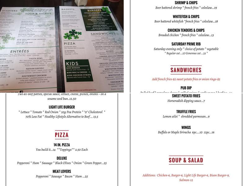 Shamrock Restaurant and Pub Menu