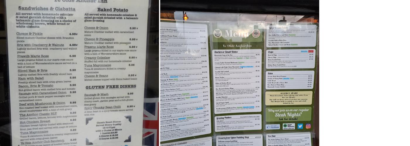 Ye Olde Anchor Inn Menu