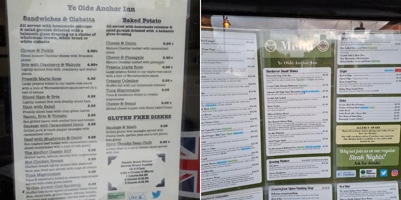 Ye Olde Anchor Inn Menu