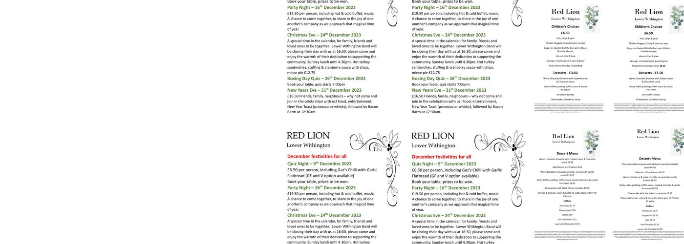 Red Lion Lower Withington Menu