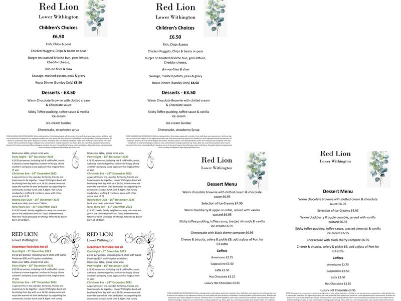 Red Lion Lower Withington Menu