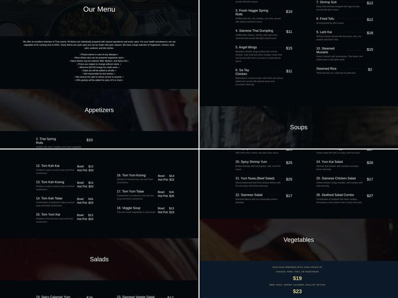 Siamese Bay Restaurant Menu