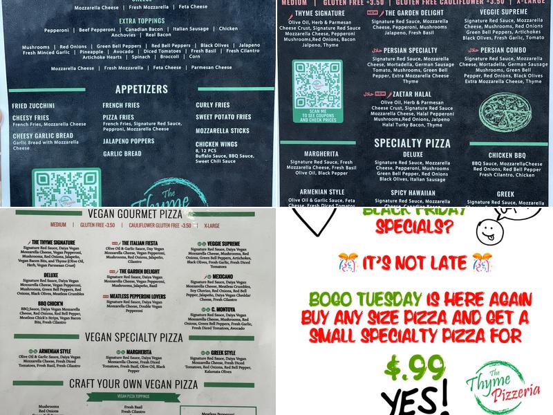 The Thyme Pizzeria Menu