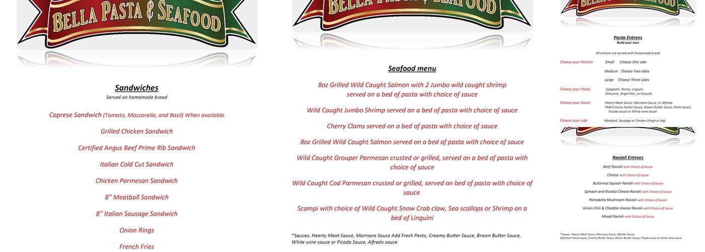 Bella Pasta & Seafood Menu