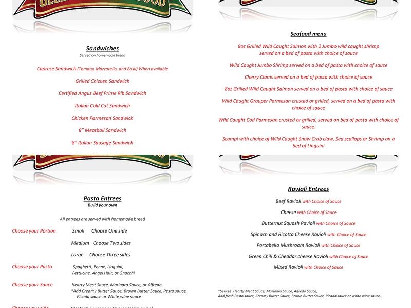 Bella Pasta & Seafood Menu