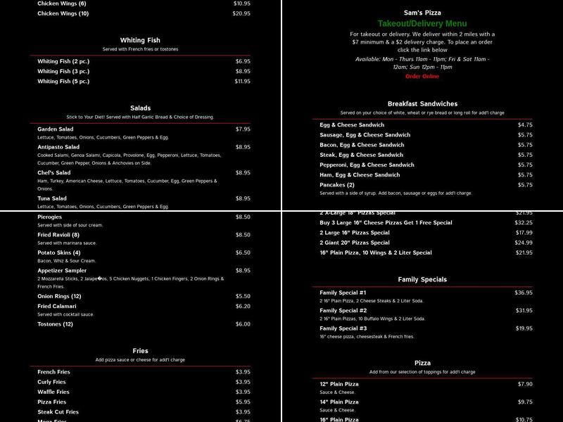 Sam's Pizza Restaurant Menu