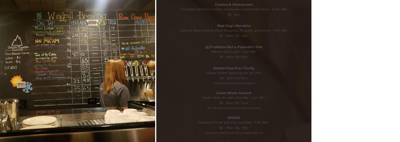 Windmill Brewing Menu