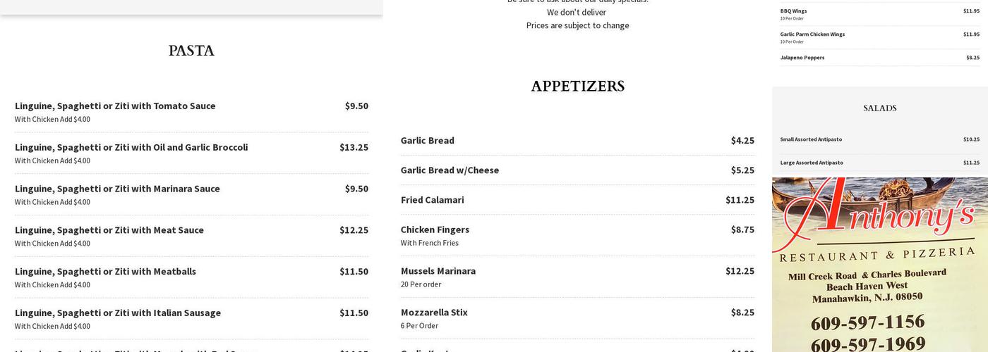 Anthony's Restaurant-Pizzeria Menu