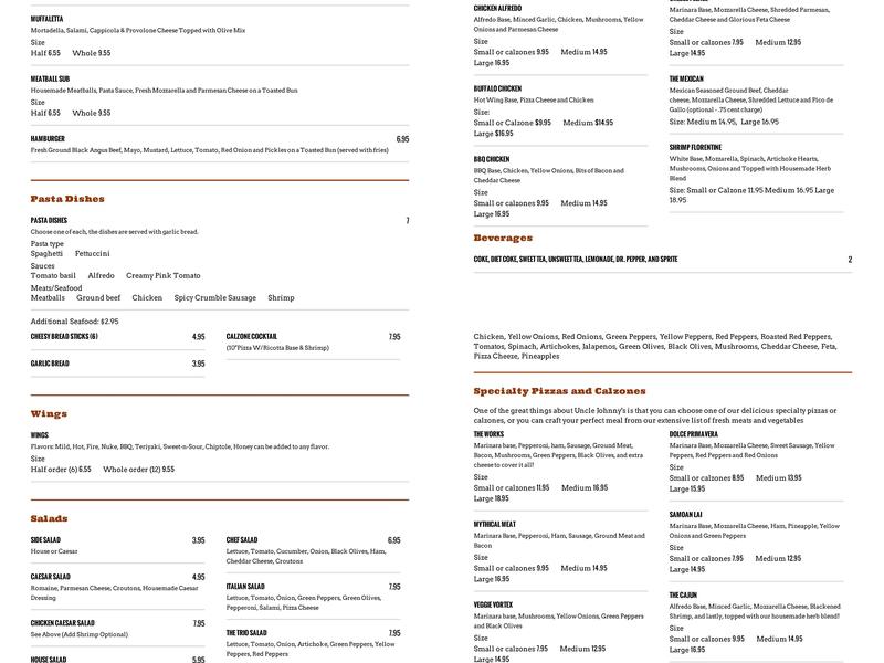 Uncle Johnny's Menu