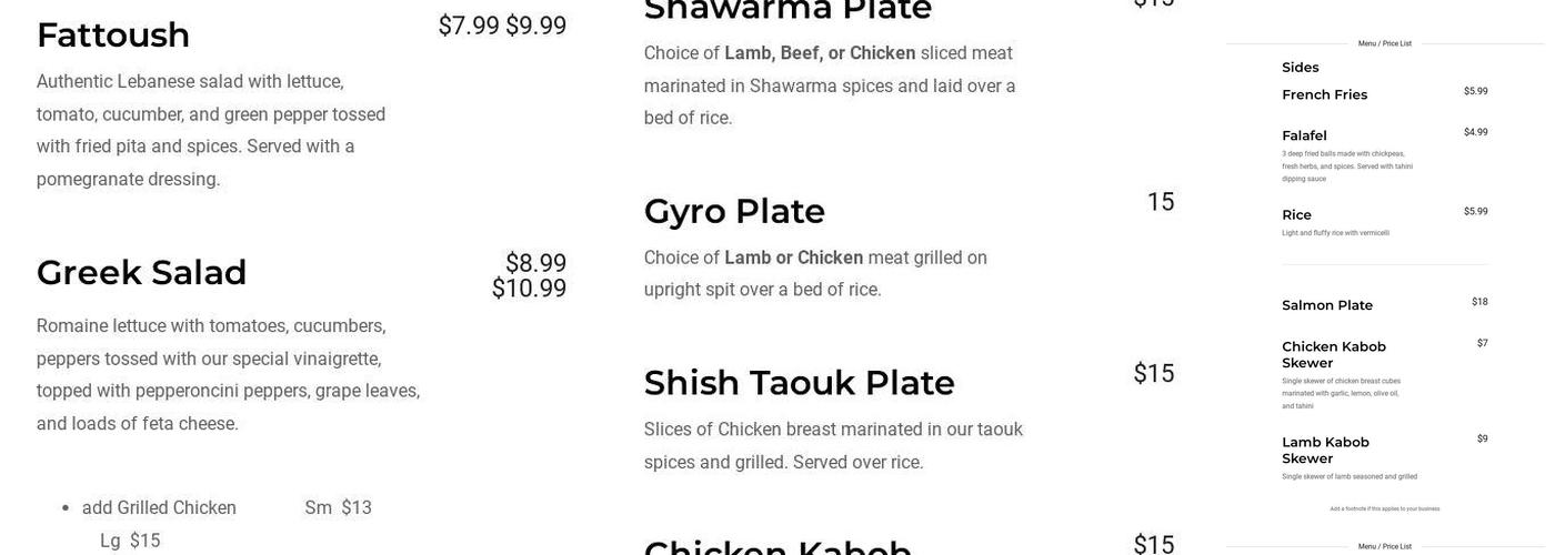 Cedars Grill Menu