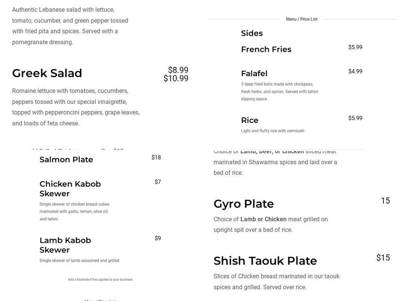 Cedars Grill Menu