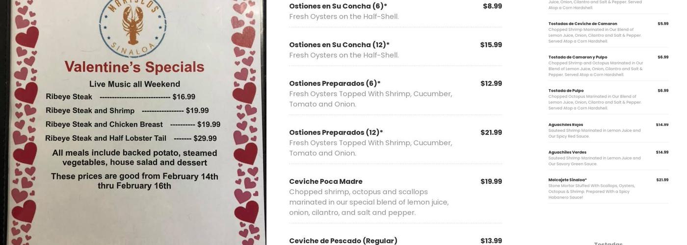 Mariscos Sinaloa Menu