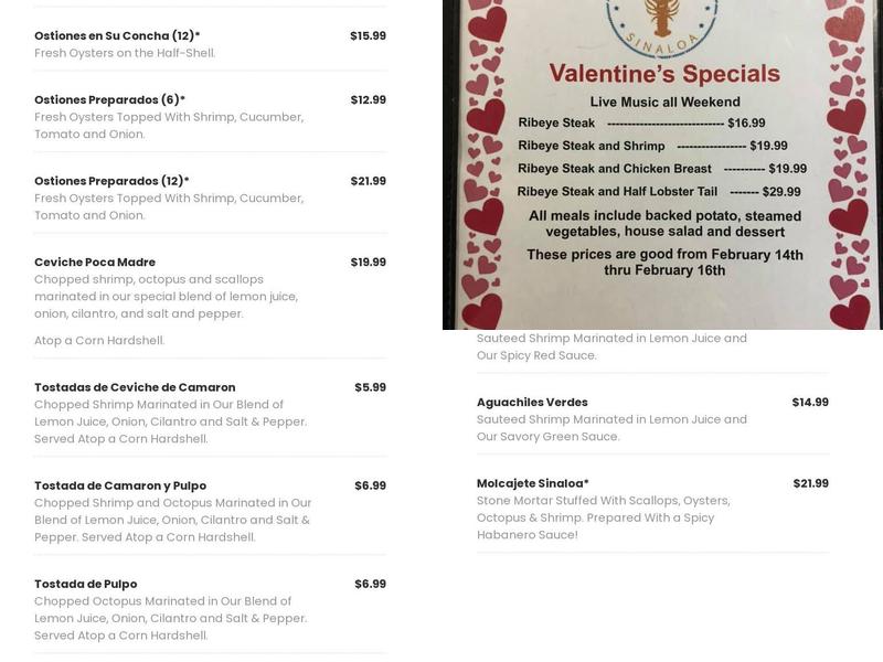 Mariscos Sinaloa Menu