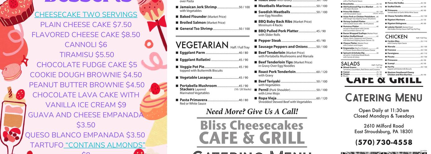 Bliss Cheesecakes Cafe and Grill Menu