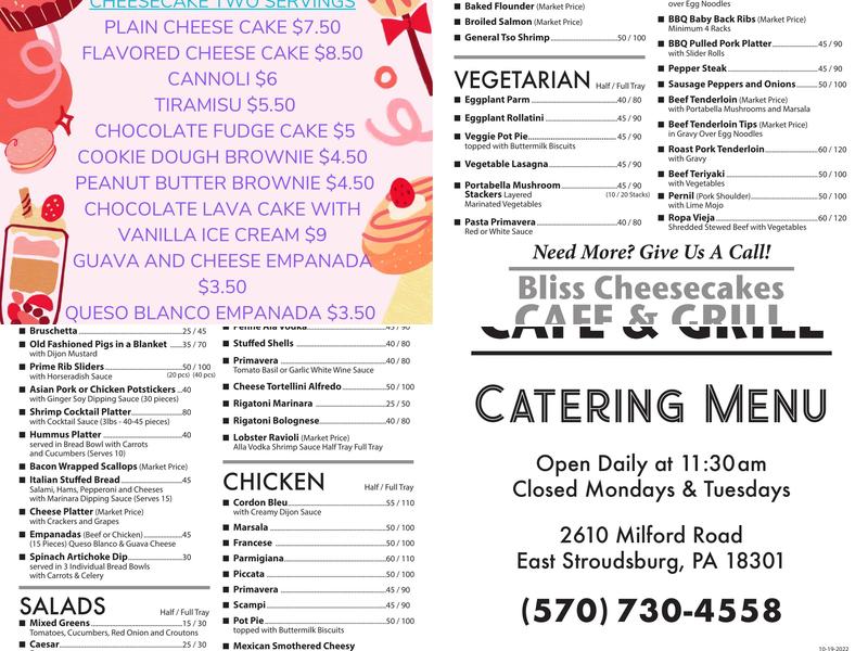 Bliss Cheesecakes Cafe and Grill Menu