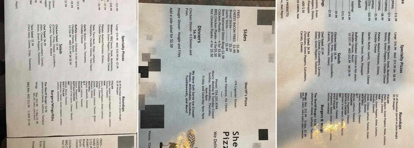 Sheriff's Pizza Menu