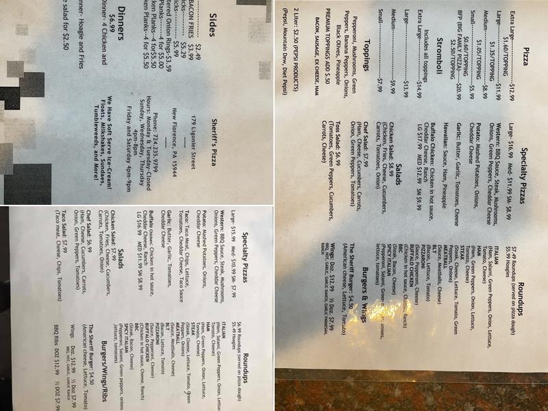 Sheriff's Pizza Menu