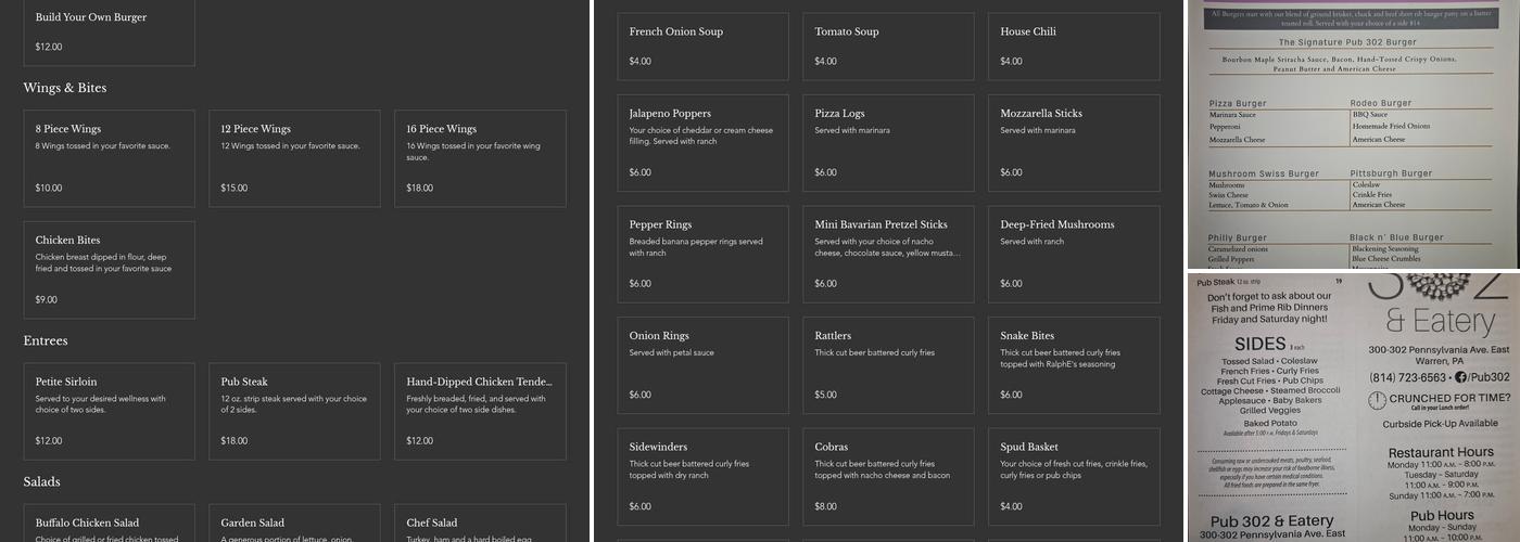 Pub 302 & Eatery Menu