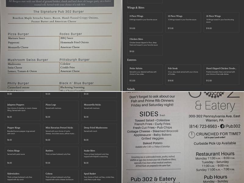 Pub 302 & Eatery Menu