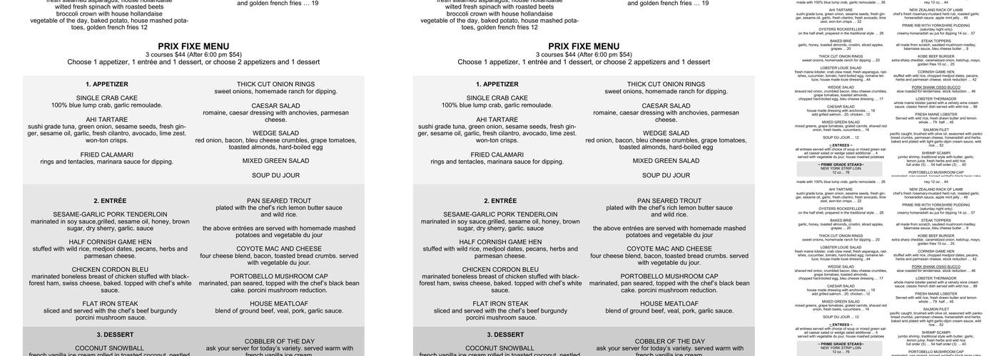 Coyote Steakhouse Menu